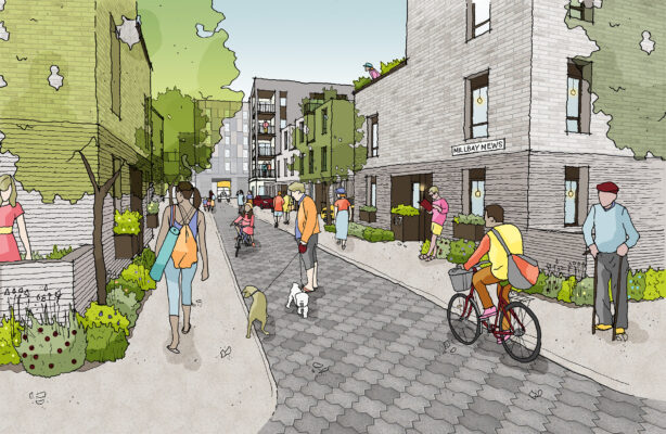 Artistic street impression with pedestrians and a cyclist