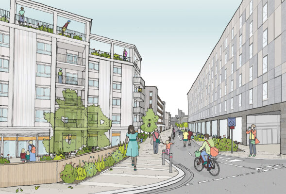 Artistic street impression of street, a wide view showing tall buildings. 