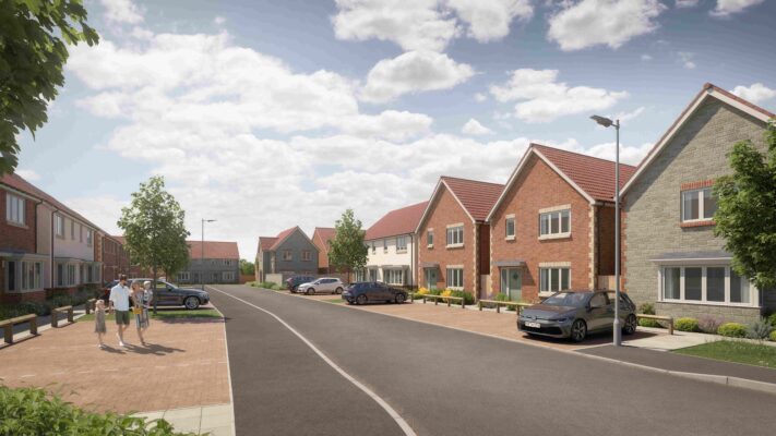 CGI image of street with family on left